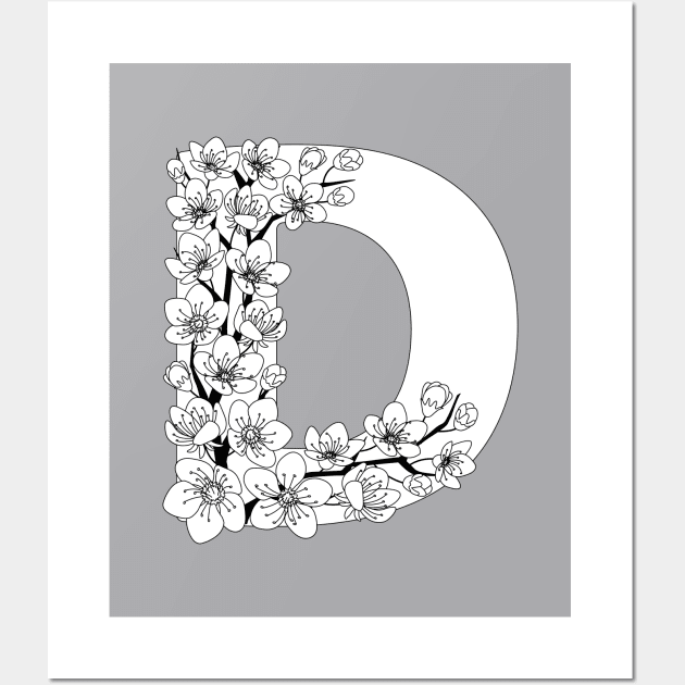 Monochrome capital letter D patterned with sakura twig Wall Art by Alina